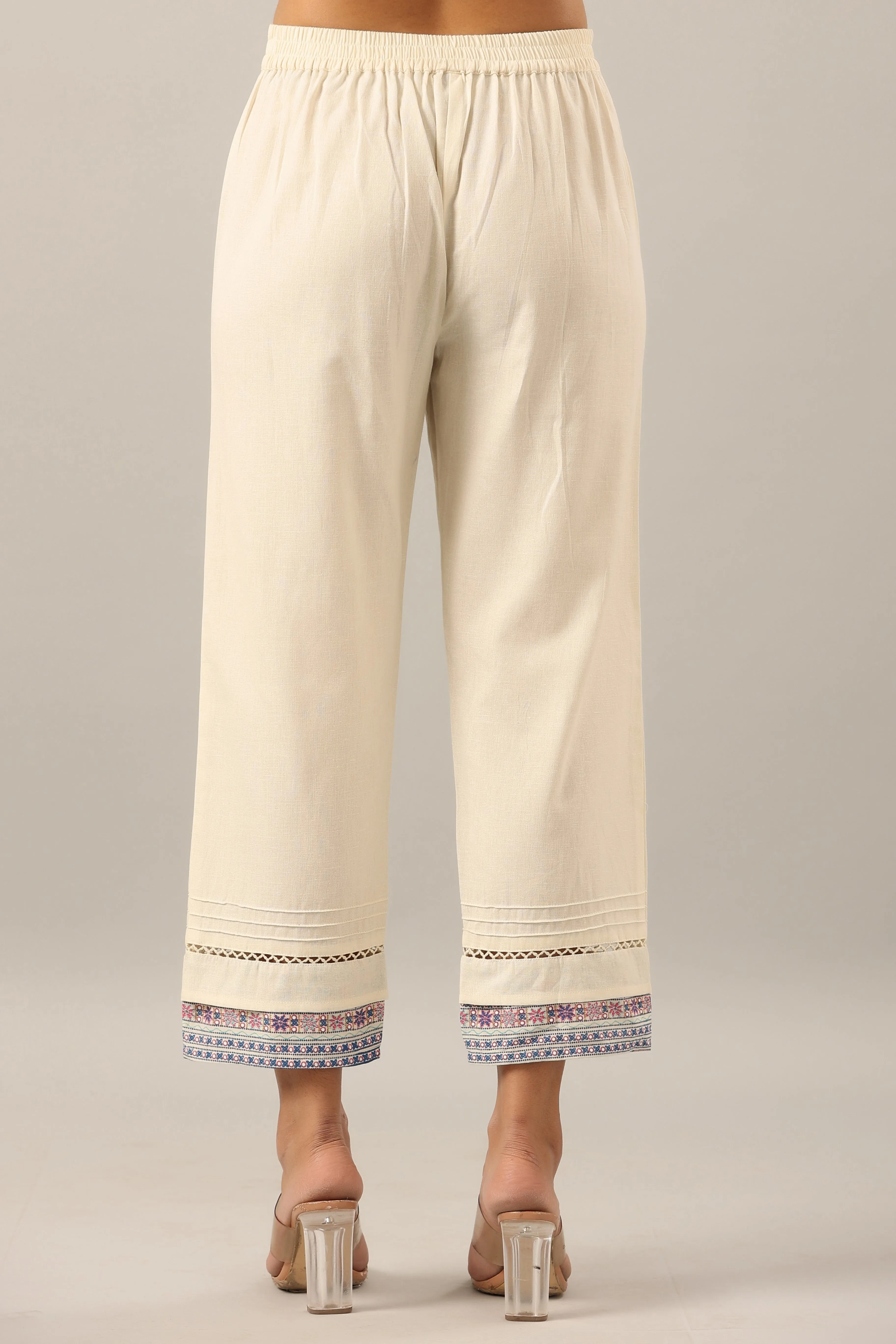 Juniper Off-White Solid Cotton Flex Pants With Printed Hem, Pintucks & Lace Work