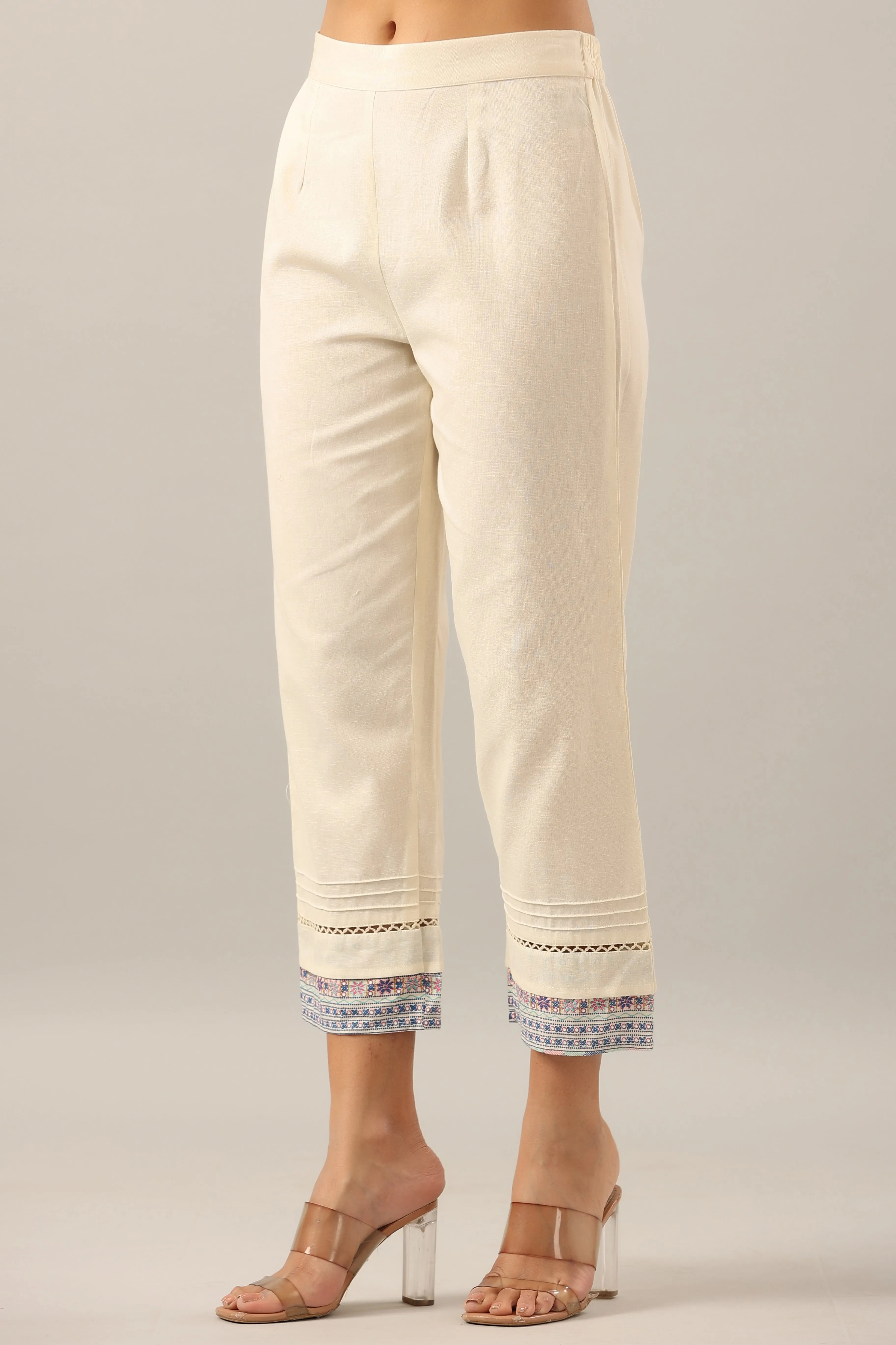 Juniper Off-White Solid Cotton Flex Pants With Printed Hem, Pintucks & Lace Work