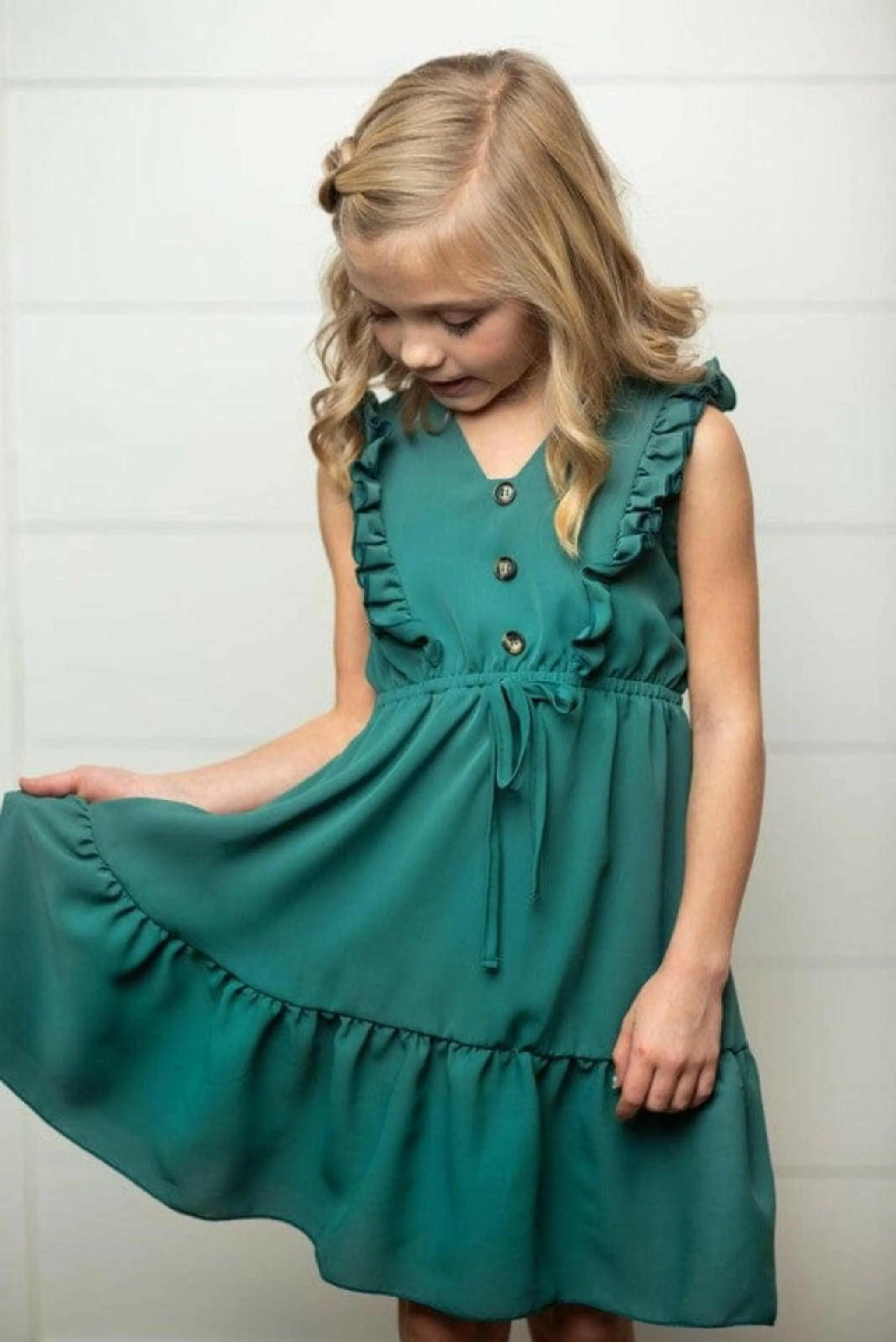 Kids Dark Teal Ruffle Front Button Dress