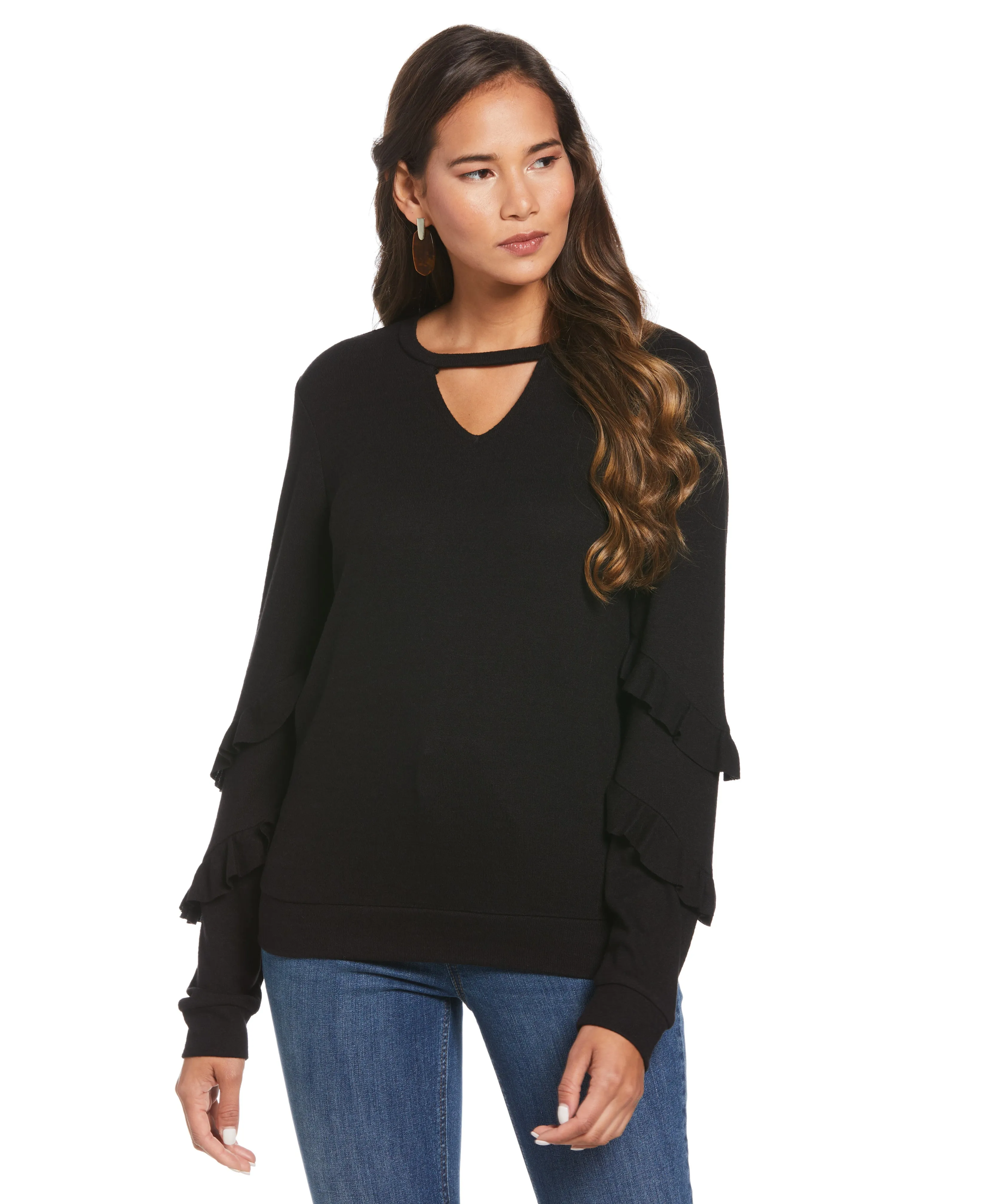 Knit Cutout Ruffle Sleeve Top