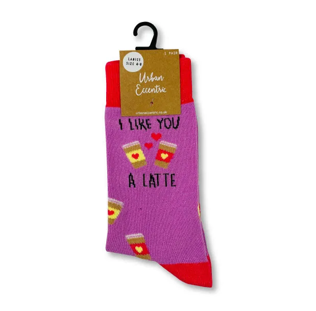 Ladies Cotton Rich Socks Urban Eccentric Novelty I Like You A Latte