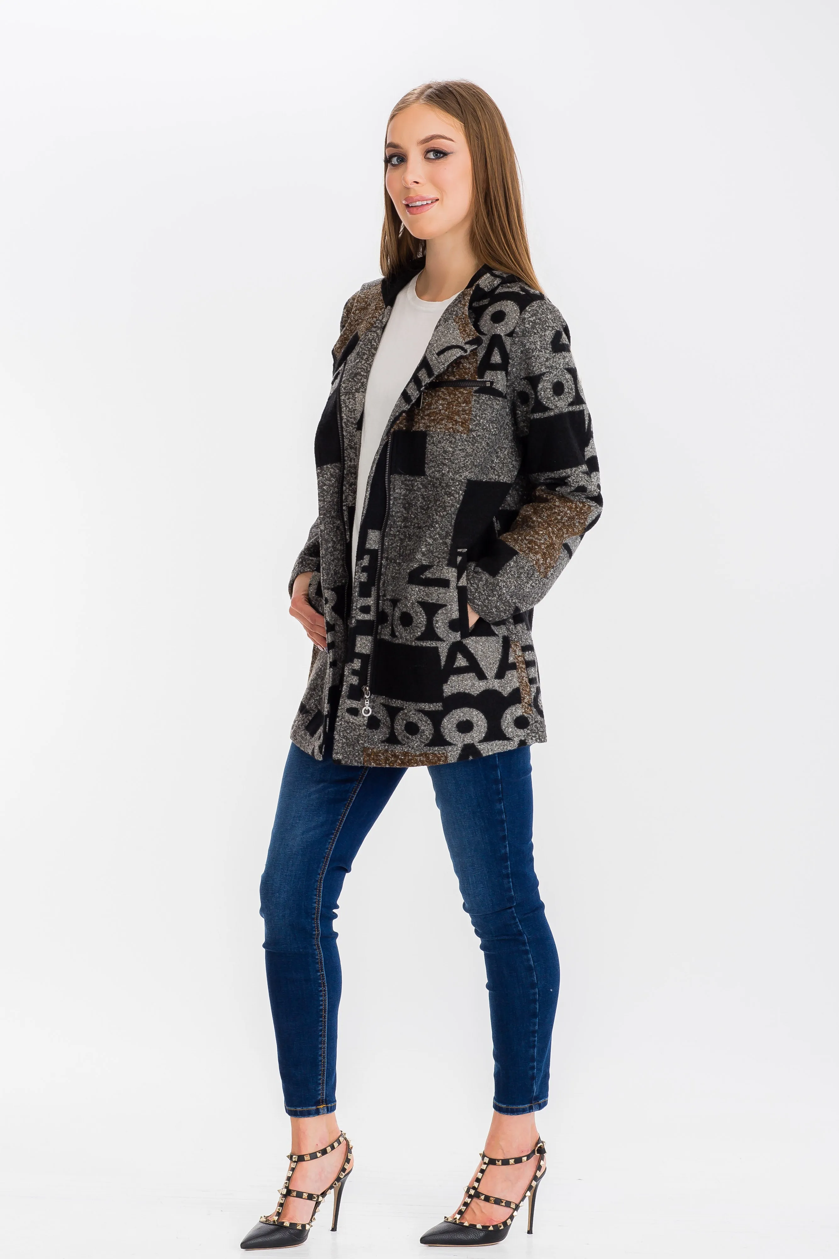 Letter Print Hoodie Long Jacket