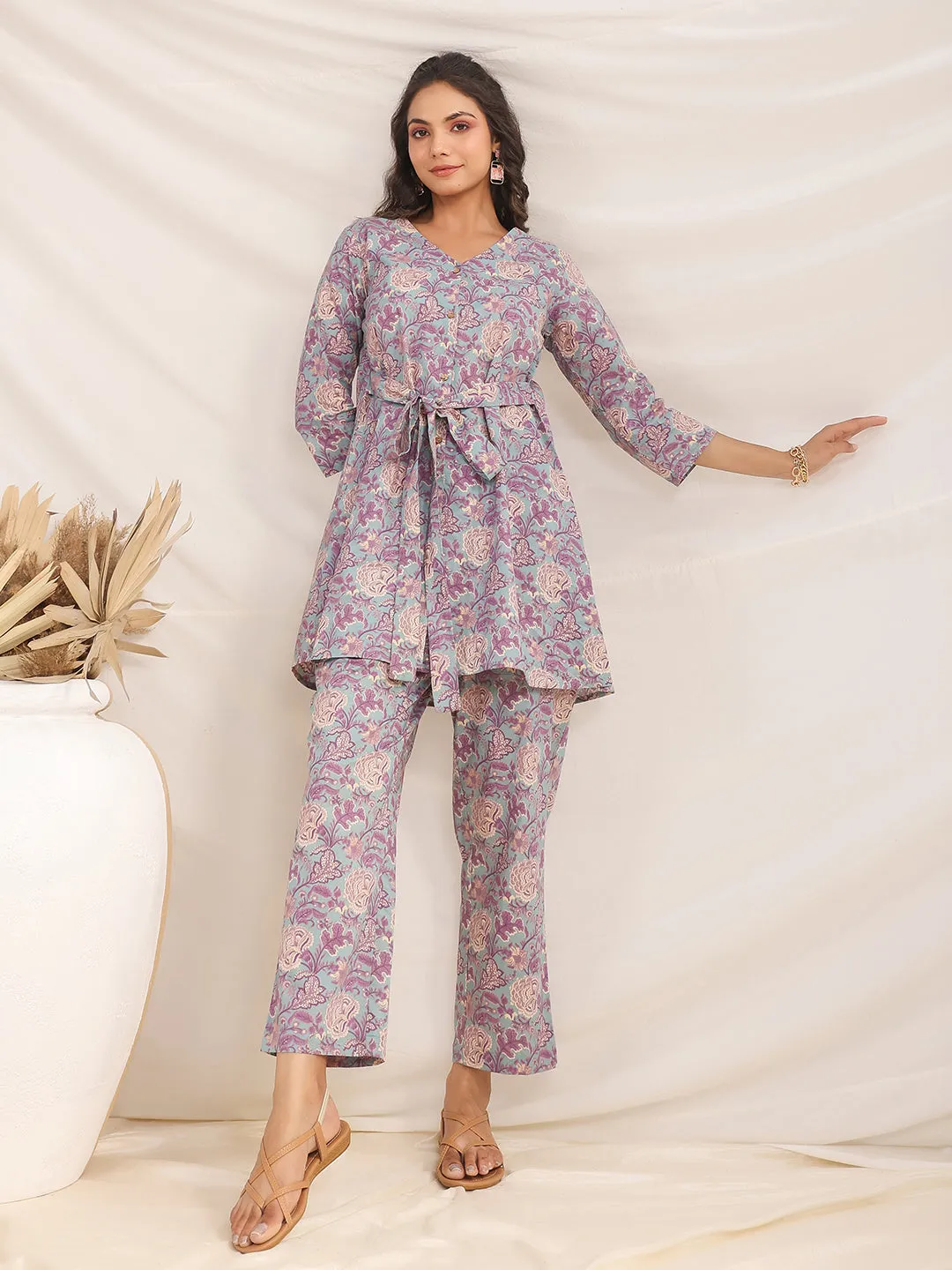 Light Blue Cotton Floral A-Line Co-ord Set