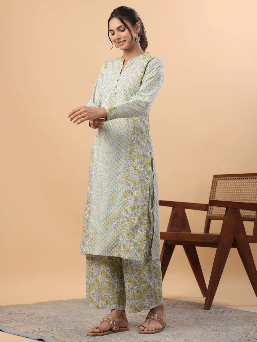 Light Blue Cotton Floral Kurta Pant Set