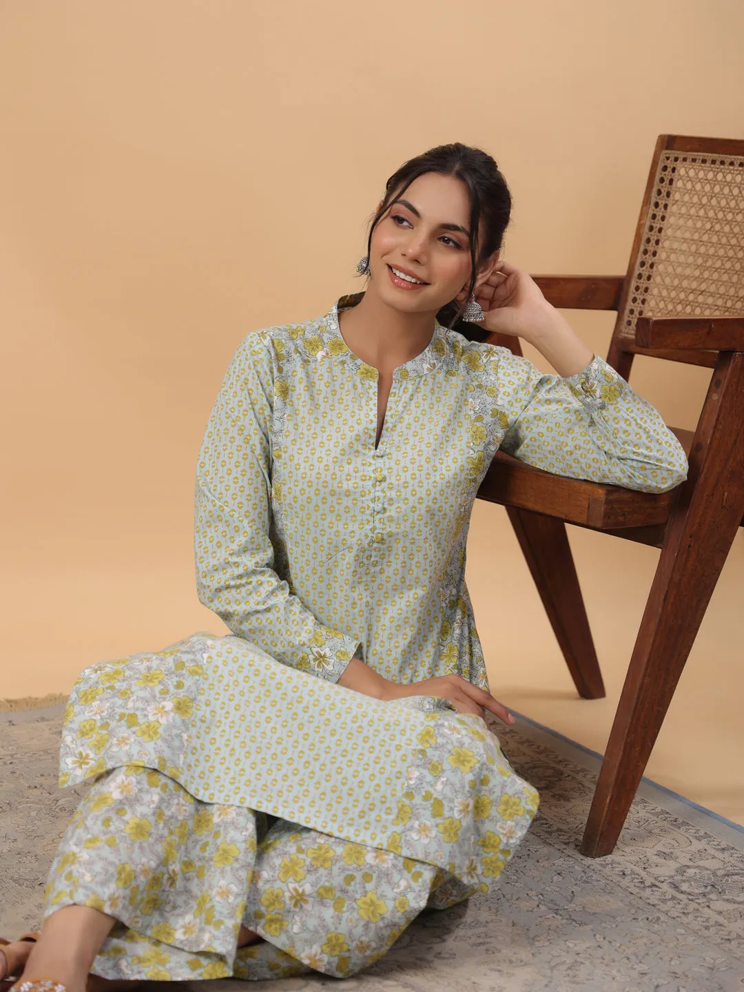 Light Blue Cotton Floral Kurta Pant Set