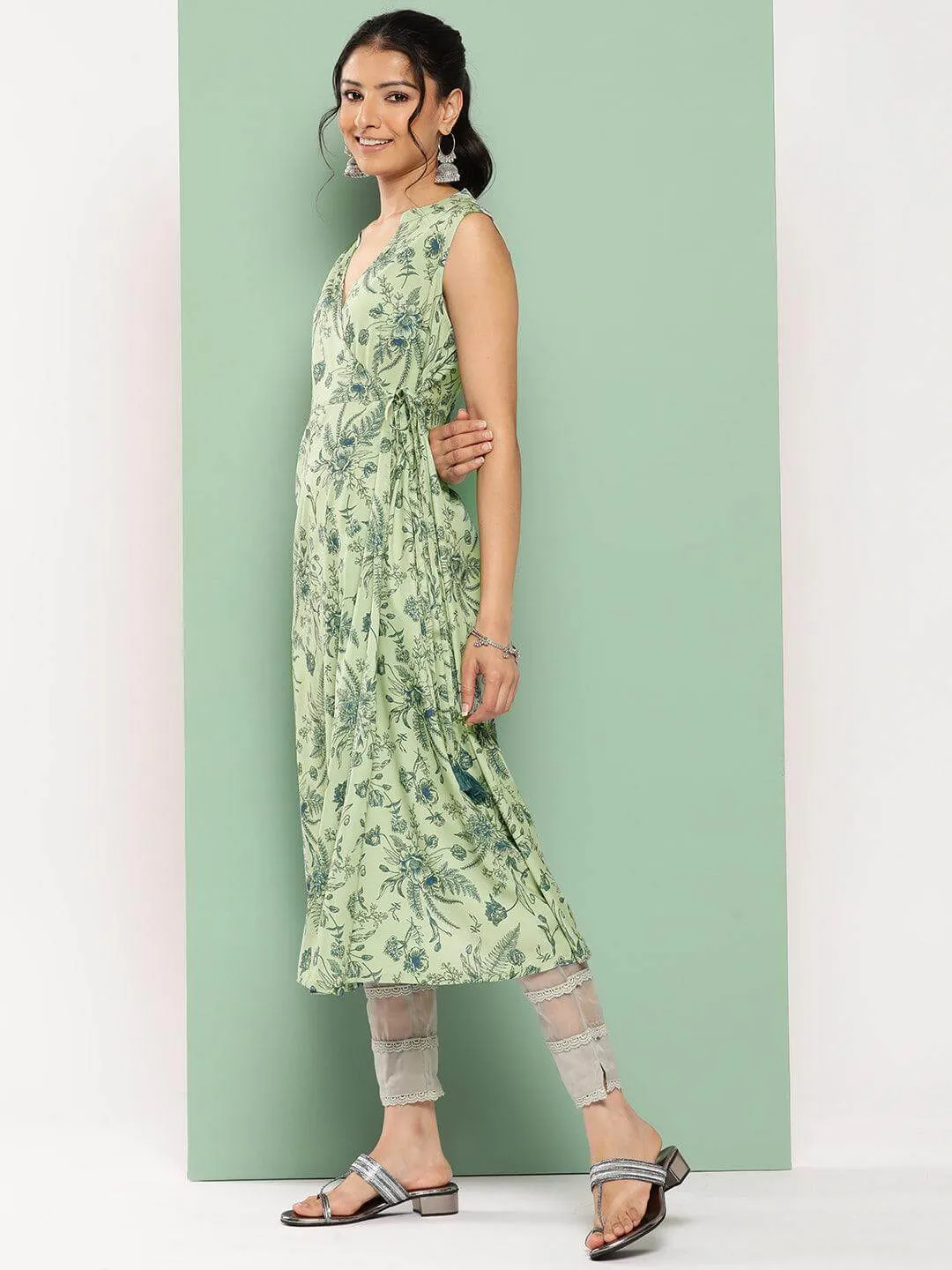 Light Green Crepe Digital Printed Angrakha Kurta