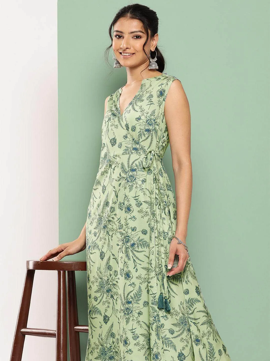 Light Green Crepe Digital Printed Angrakha Kurta