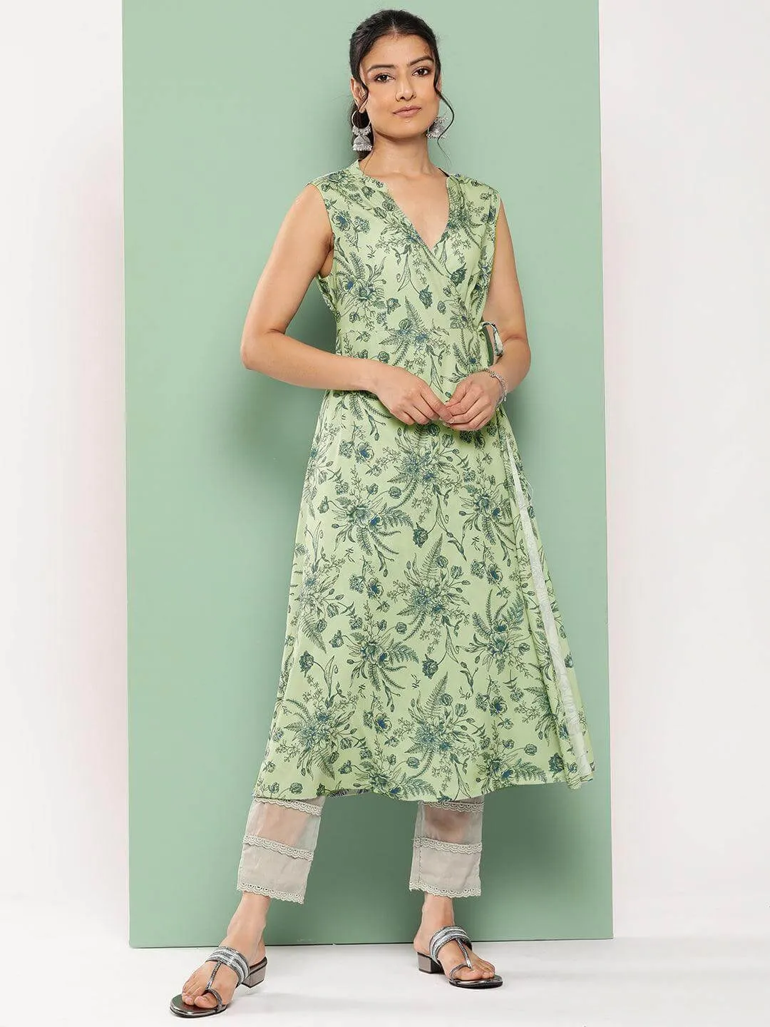 Light Green Crepe Digital Printed Angrakha Kurta