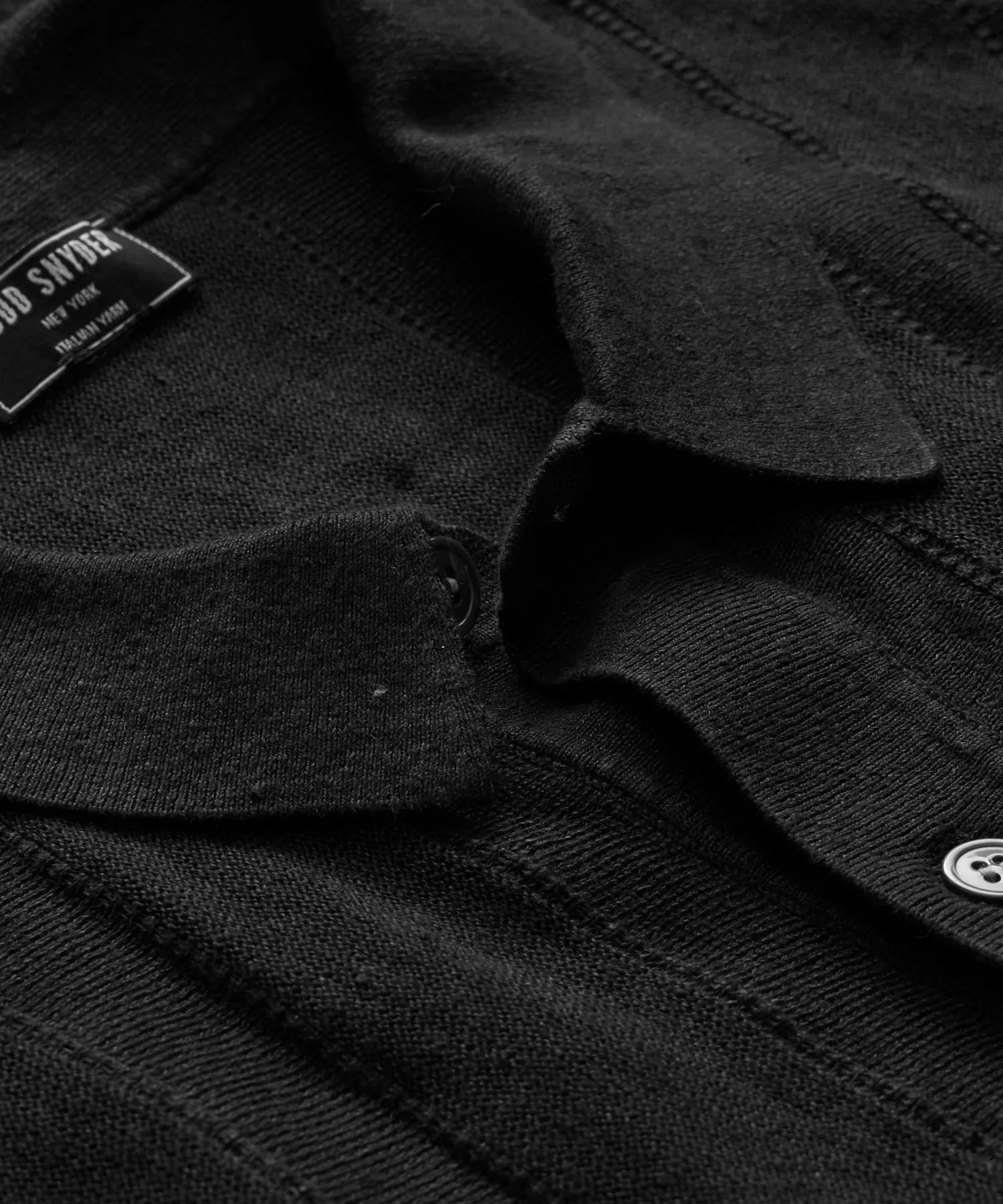 Linen Textured Stripe Full-Placket Polo in Black