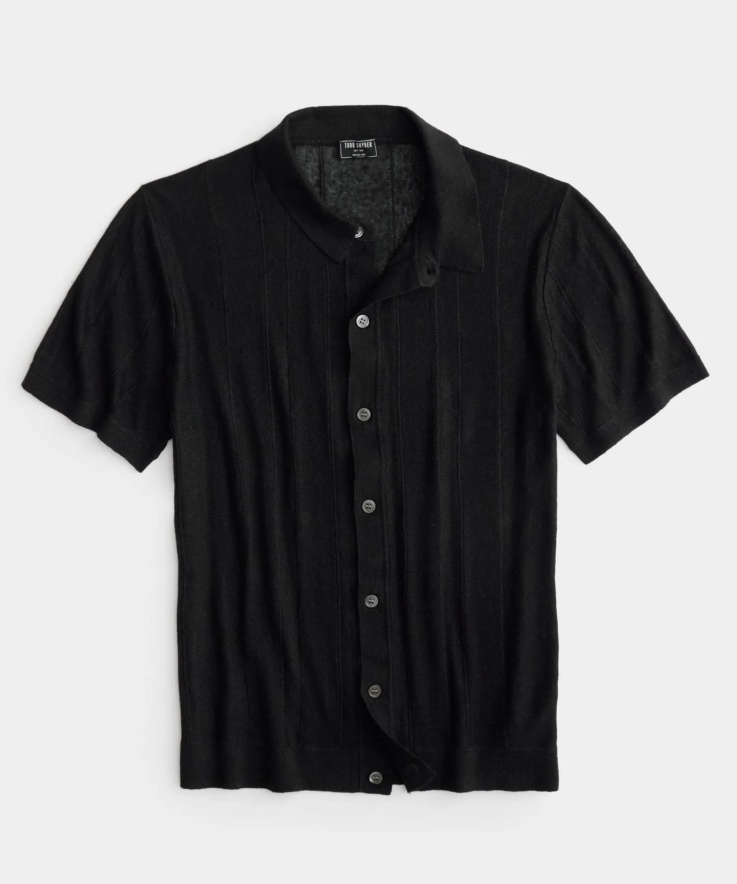 Linen Textured Stripe Full-Placket Polo in Black