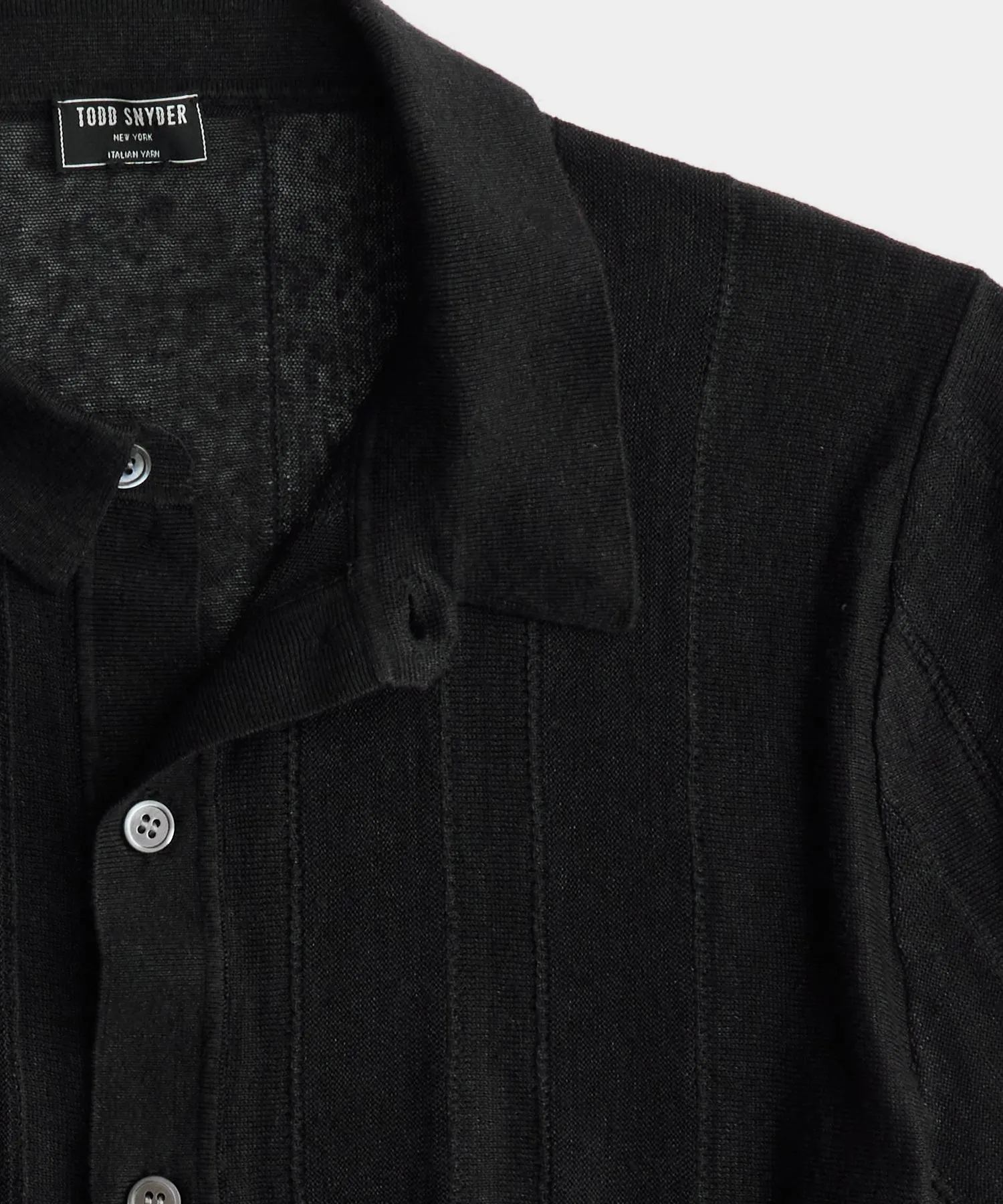 Linen Textured Stripe Full-Placket Polo in Black