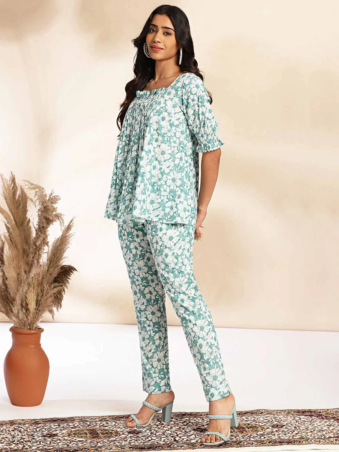 Mint Cotton Floral A-Line Co-ord Set