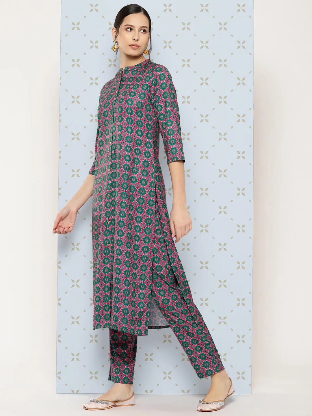 Multicolor Moss Ethnic Motifs Kurta with Pant