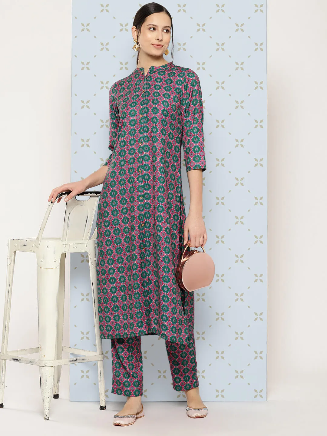 Multicolor Moss Ethnic Motifs Kurta with Pant