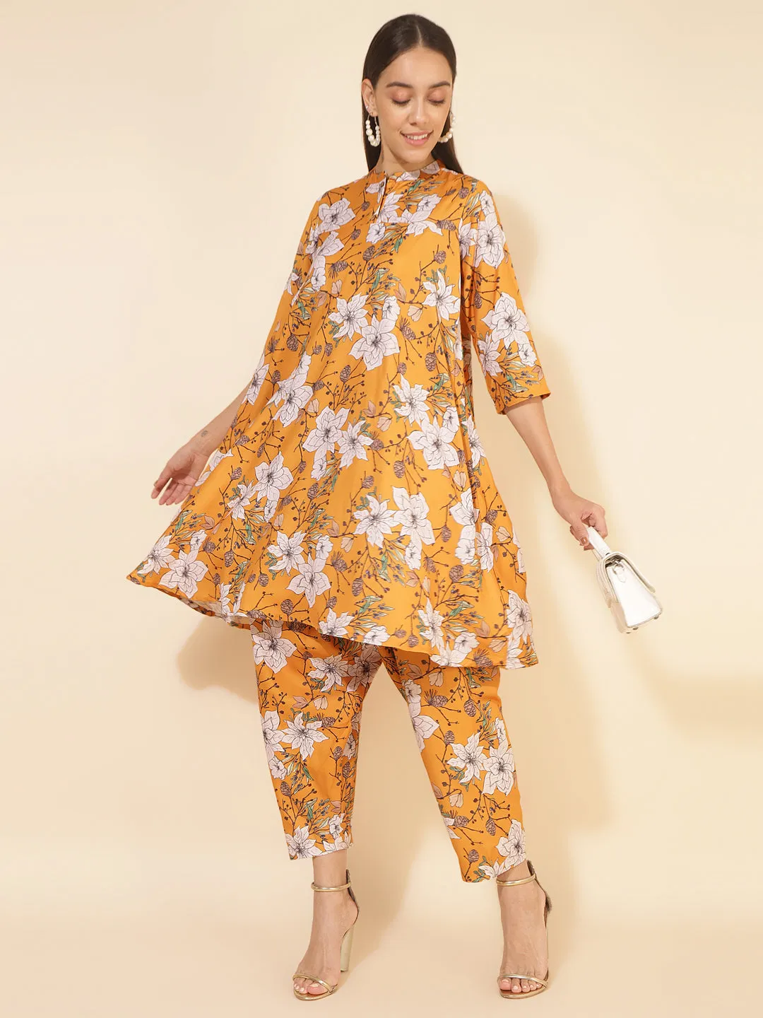 Mustard Moss Digital Floral Printed Kurta with Salwar Pant