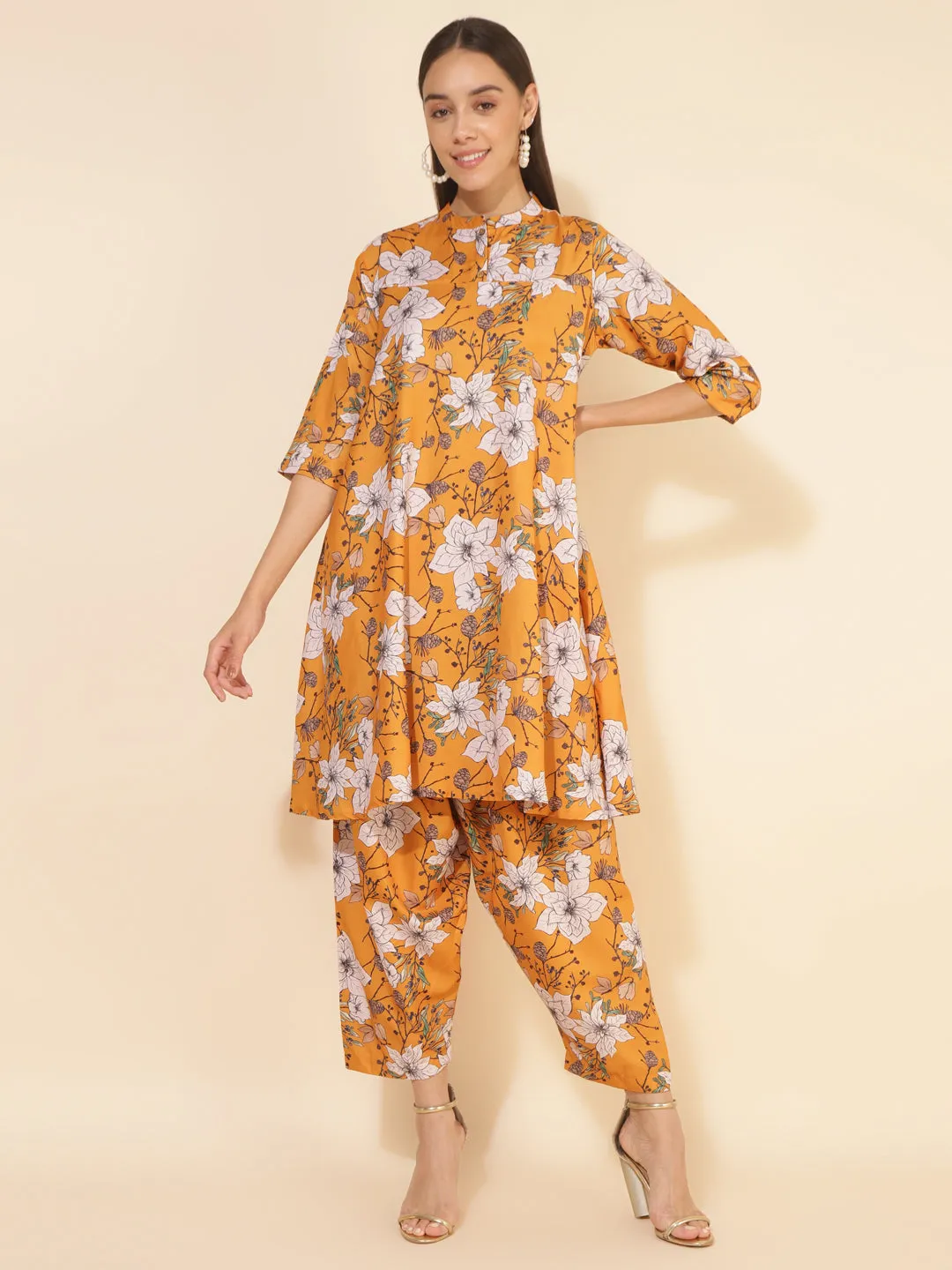 Mustard Moss Digital Floral Printed Kurta with Salwar Pant