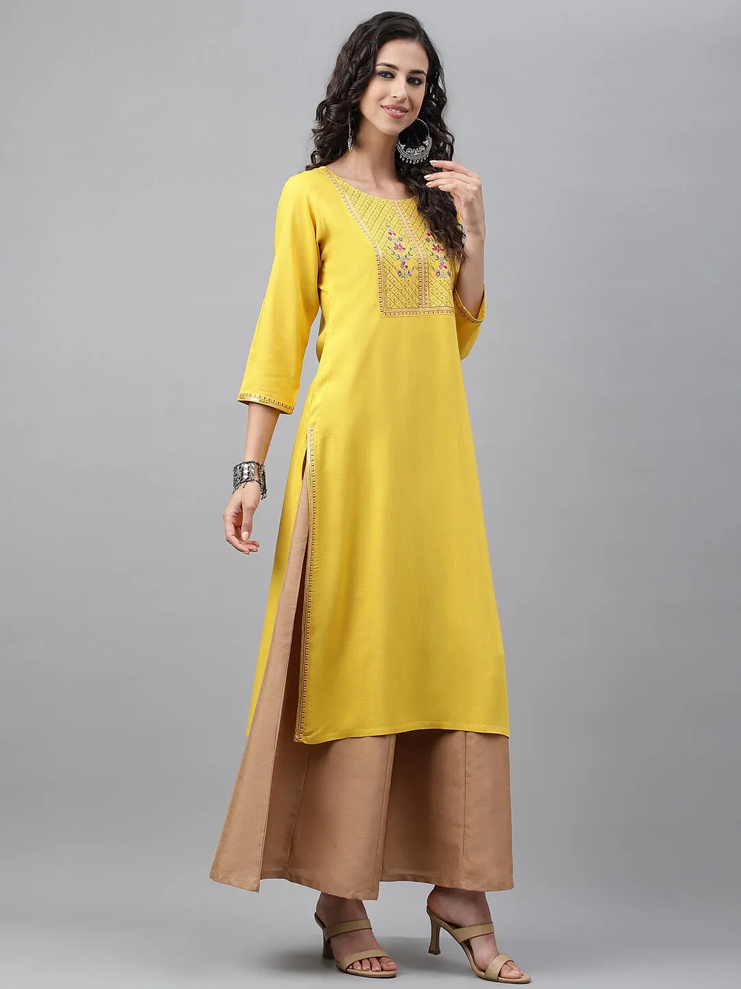 Mustard Poly Rayon Solid Straight Kurta