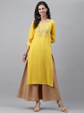 Mustard Poly Rayon Solid Straight Kurta