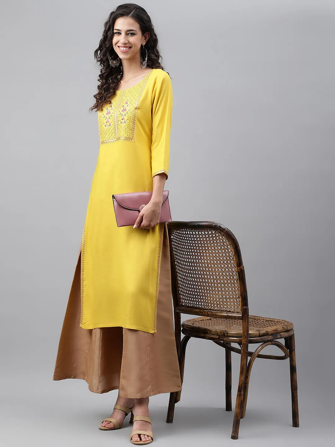 Mustard Poly Rayon Solid Straight Kurta