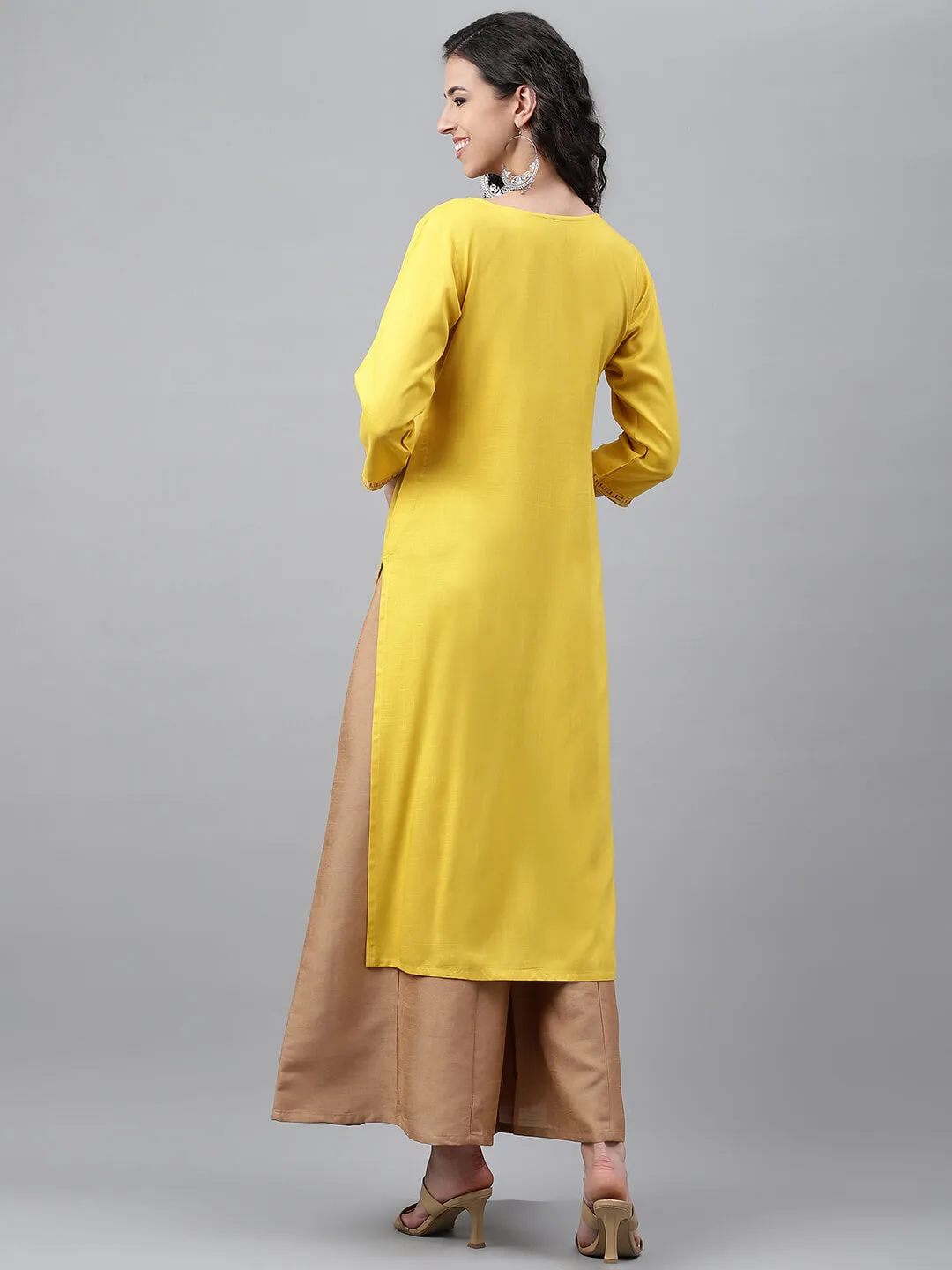 Mustard Poly Rayon Solid Straight Kurta