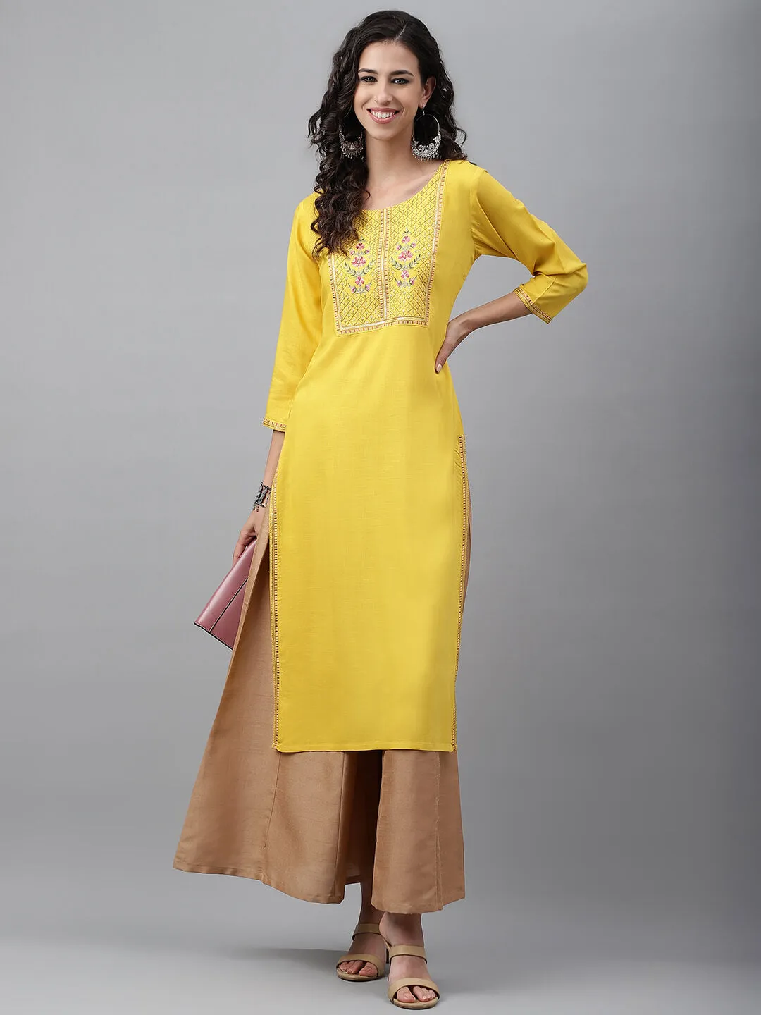 Mustard Poly Rayon Solid Straight Kurta