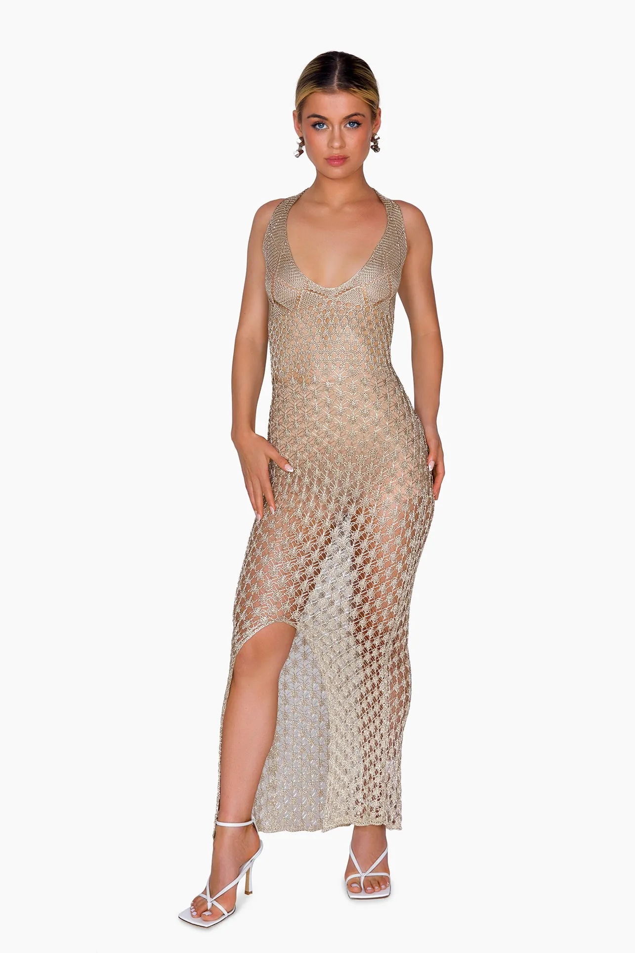 MYKO Metallic Knit Halter Maxi