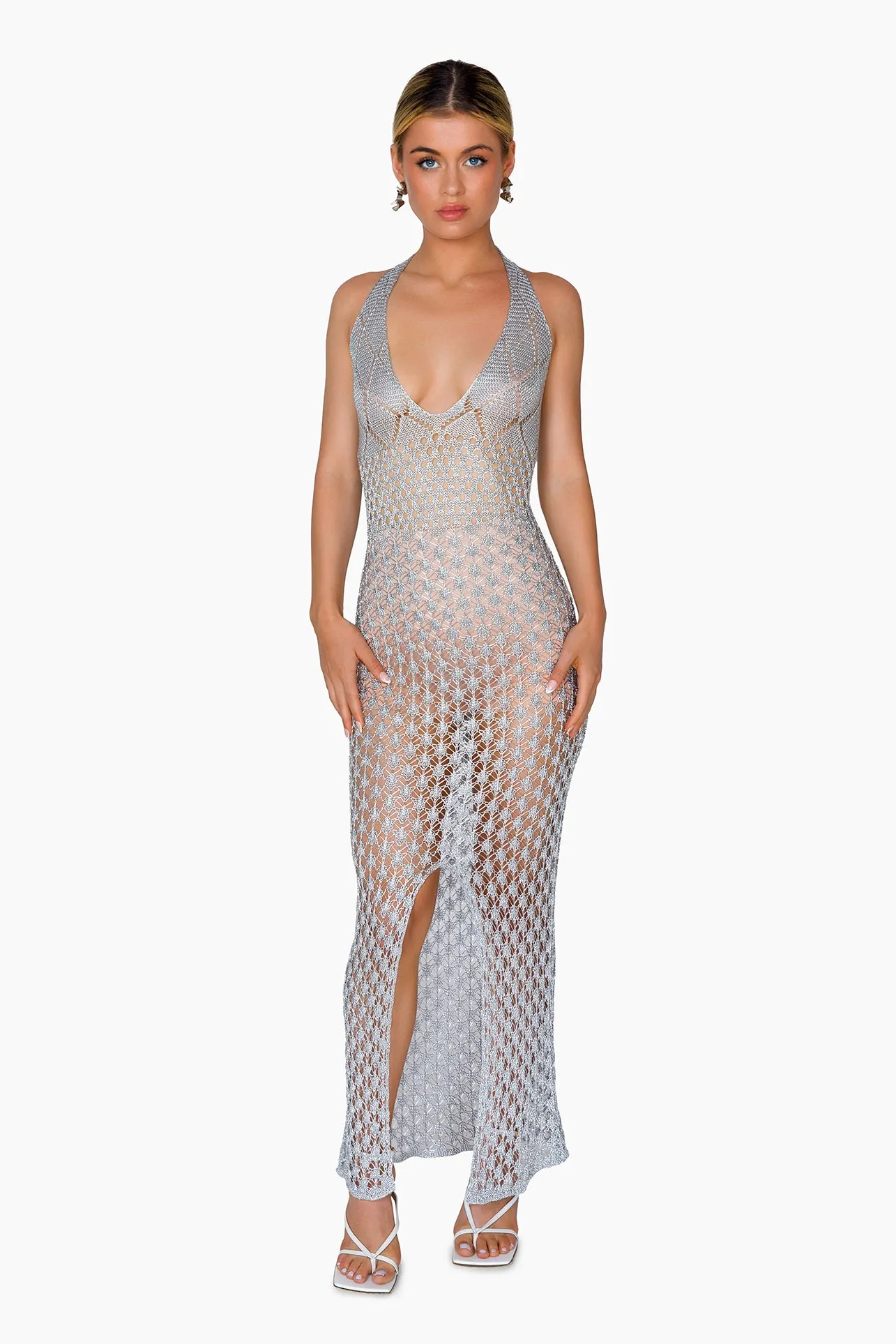 MYKO Metallic Knit Halter Maxi