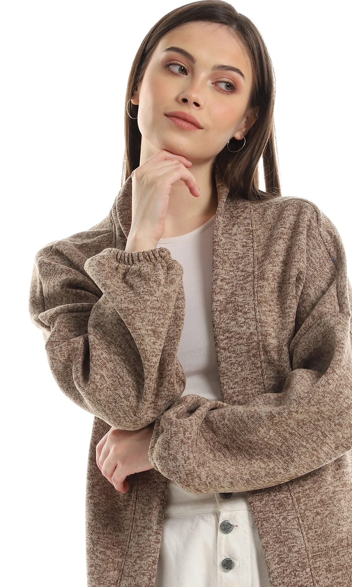 O162759 Knitted Long Sleeves Cardigan With Elastic Cuffs - Brown & Beige