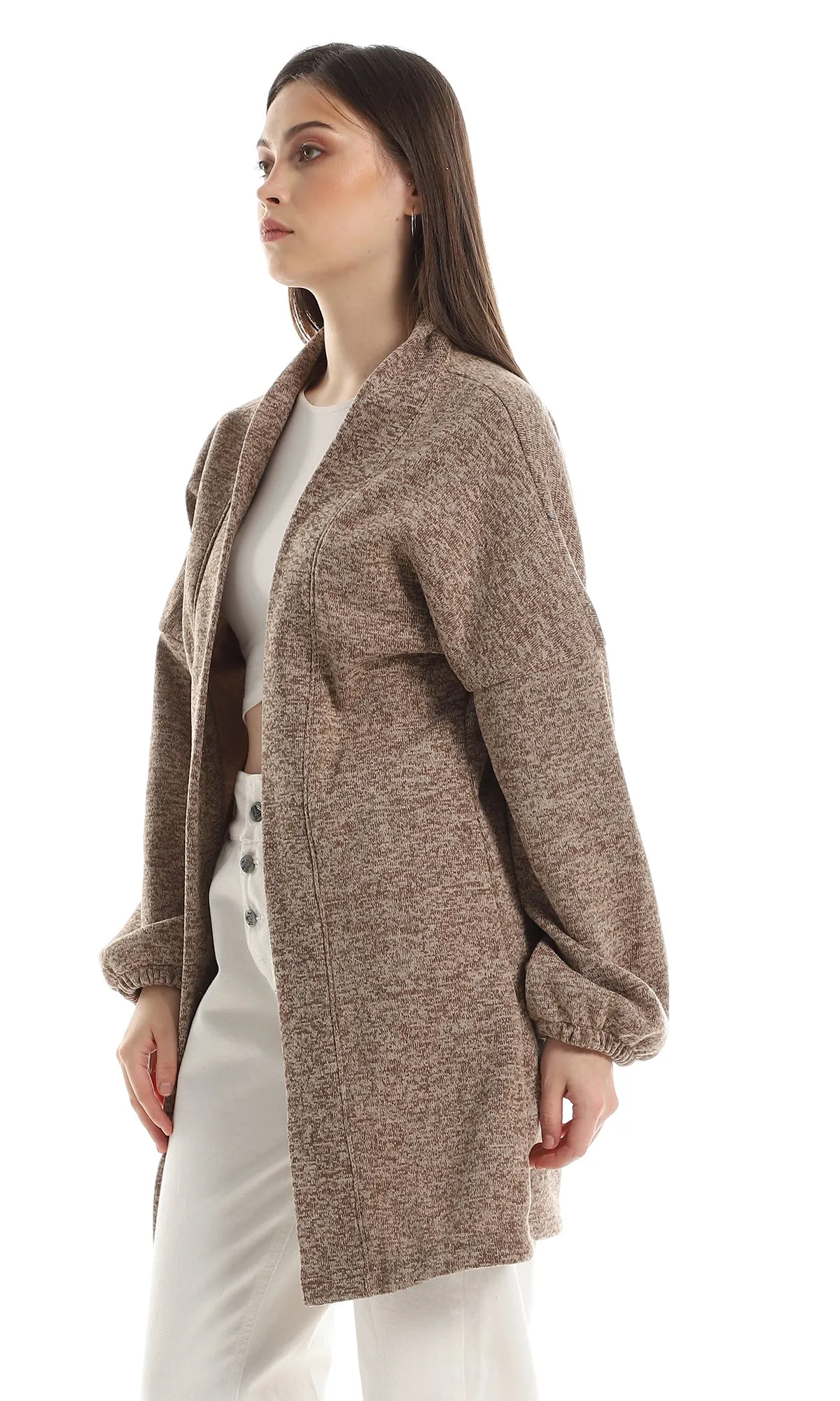 O162759 Knitted Long Sleeves Cardigan With Elastic Cuffs - Brown & Beige