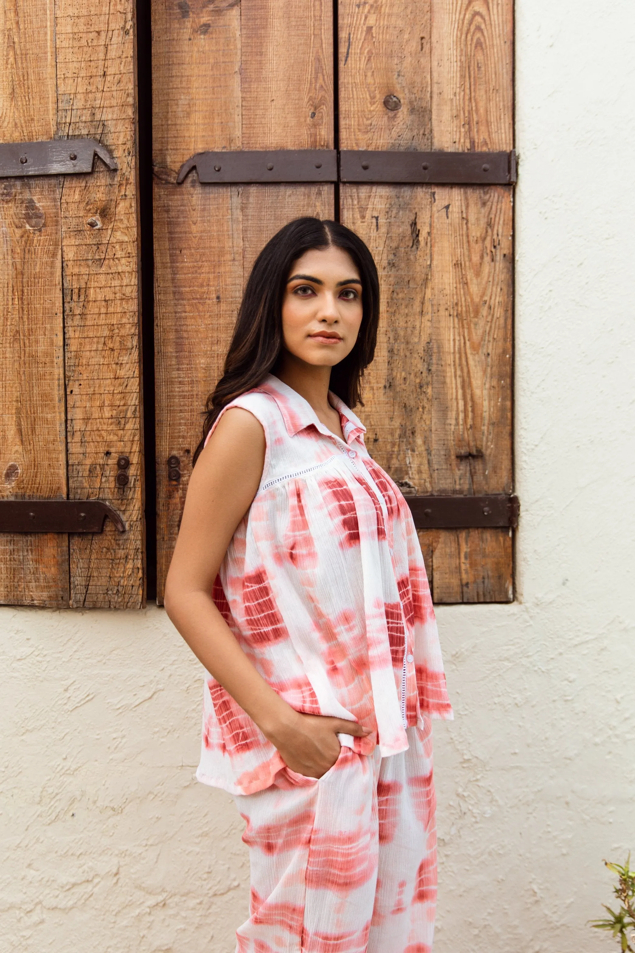 Pink-white tie and dye cotton gauze co-ord set