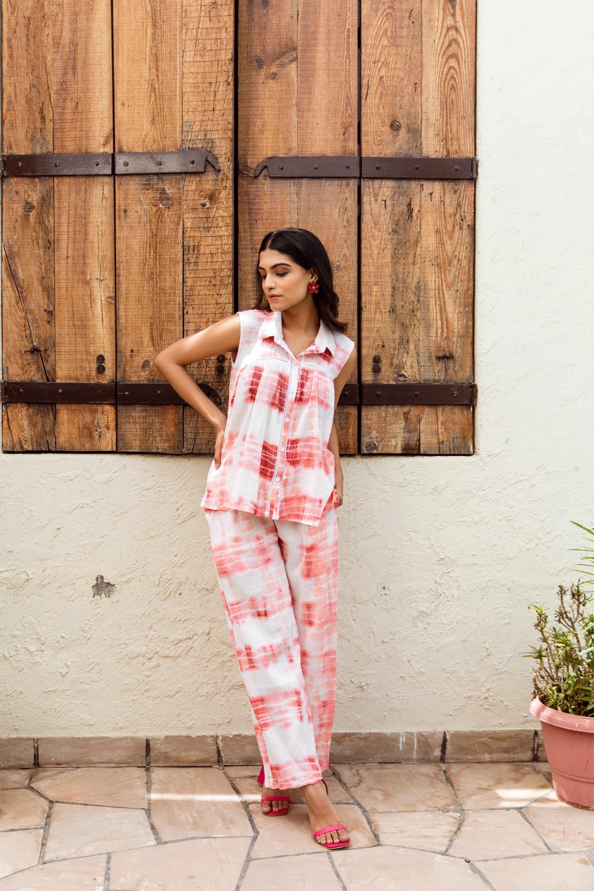 Pink-white tie and dye cotton gauze co-ord set