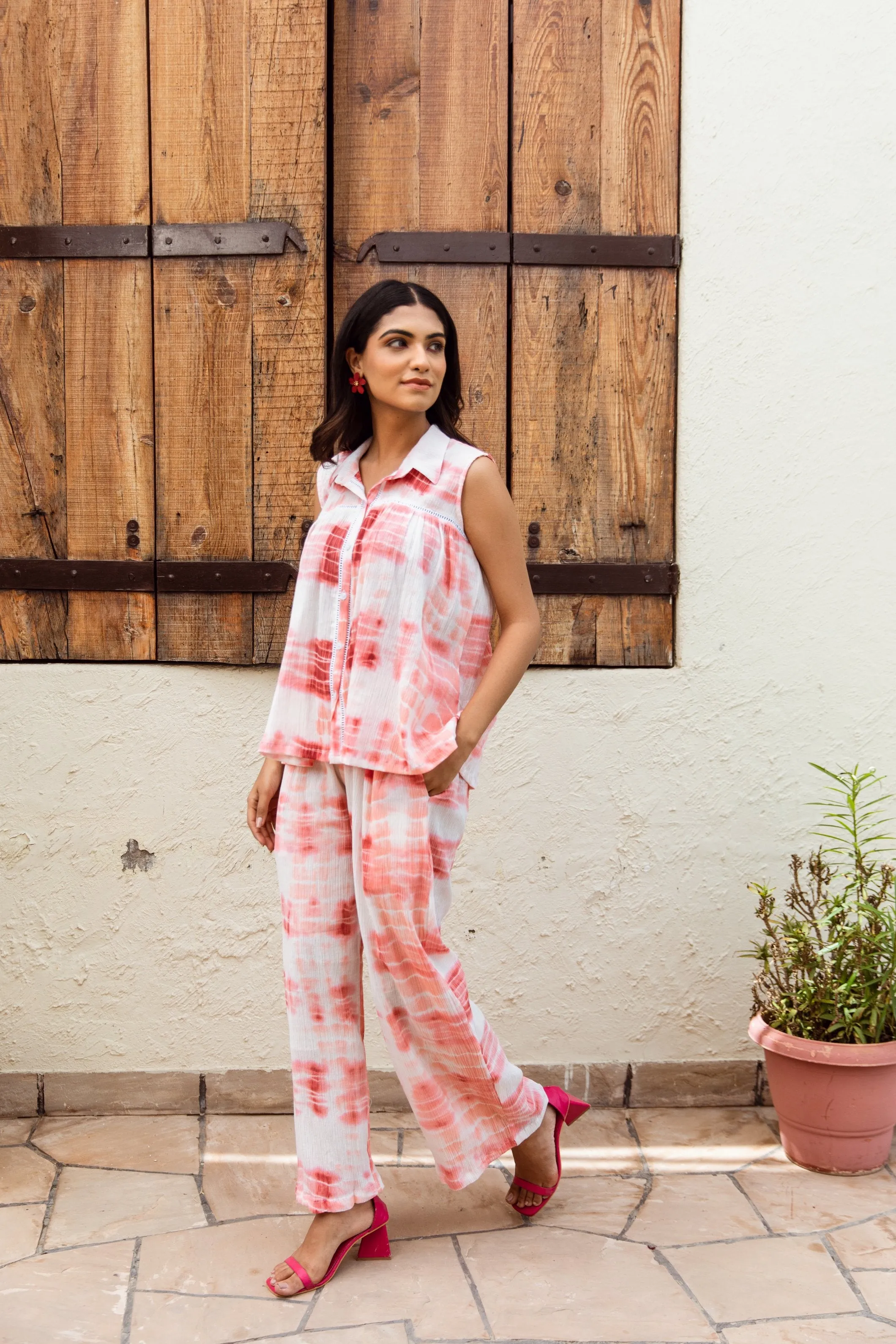 Pink-white tie and dye cotton gauze co-ord set