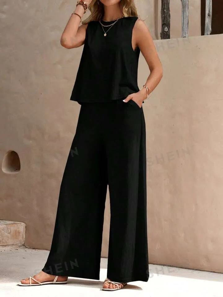 Solid color casual two piece set in black