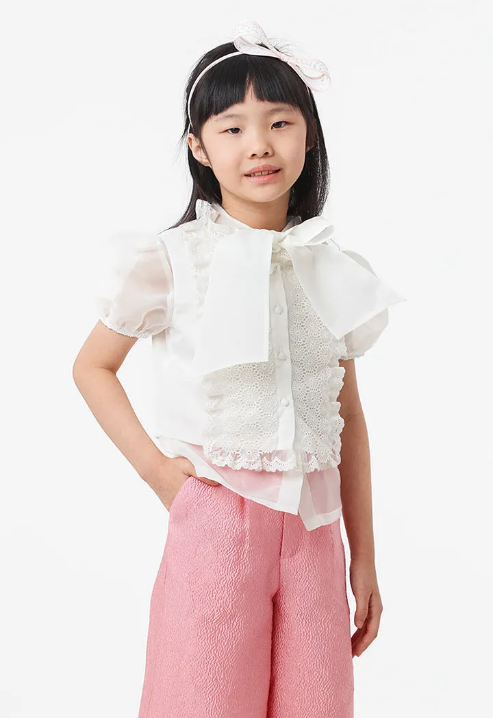 Solid Lace Frill Textured Blouse And Pants Set