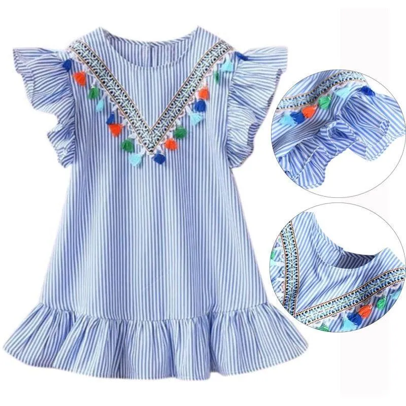 Striped Petal Sleeve Girls Dresses