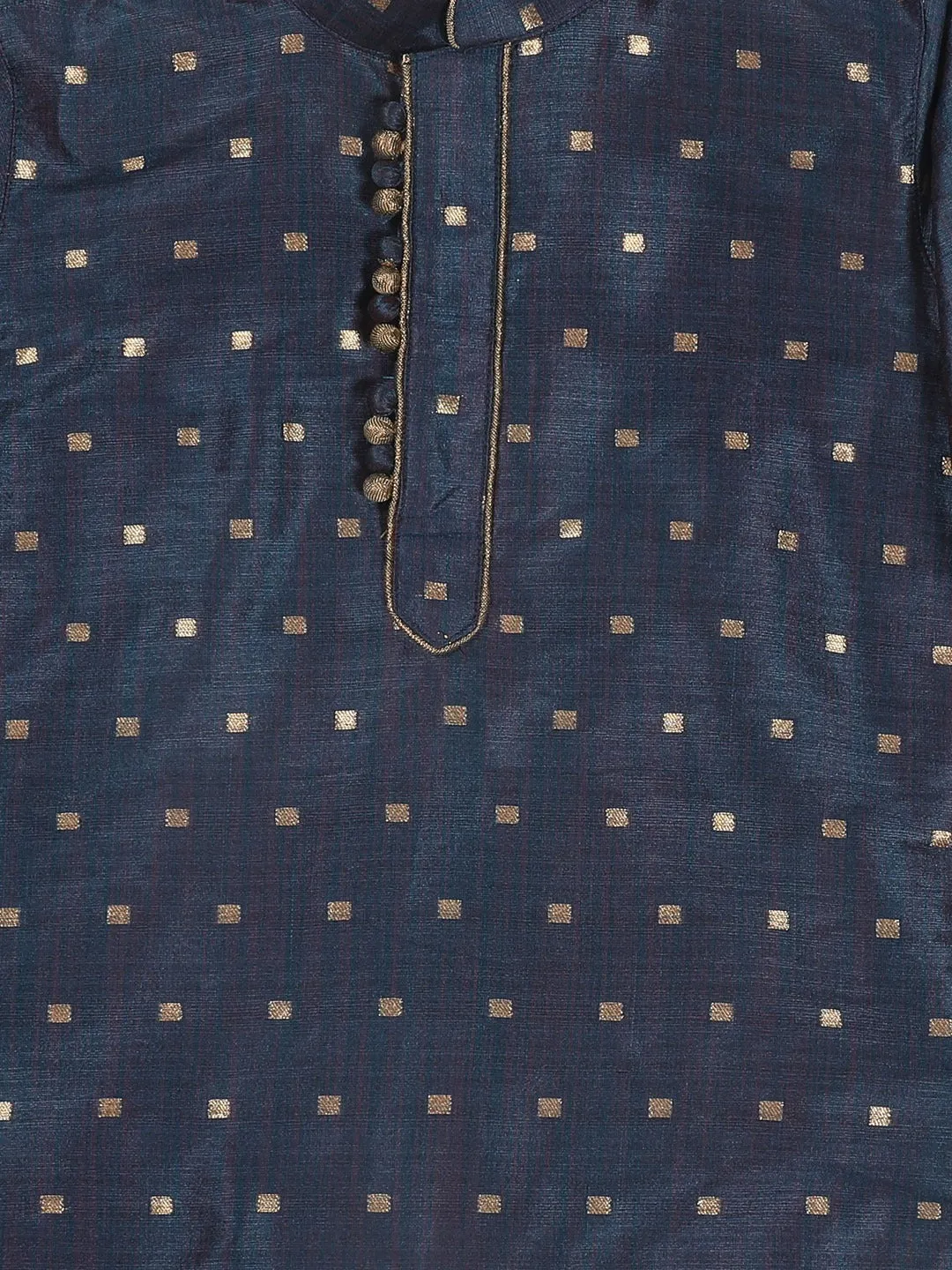 VASTRAMAY Boy's Blue Printed Kurta with Rose Gold Pyjamas & Nehru Jacket