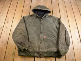 Vintage 1990s Carhartt Green Hooded Cinched Active Jac Work Jacket / Workwear / Distressed