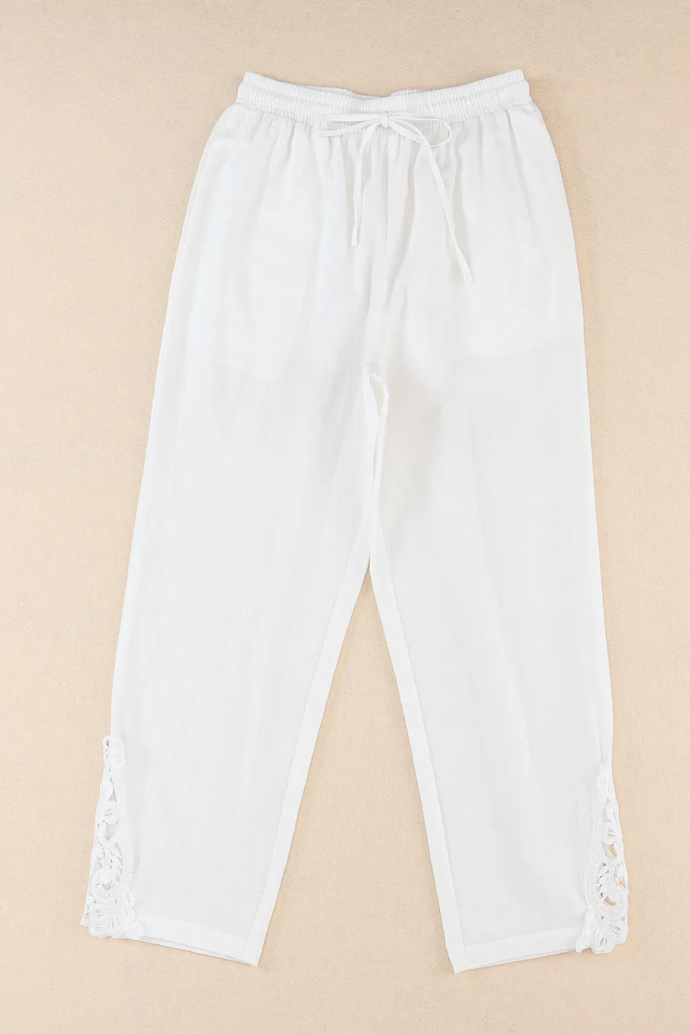 White Lace Splicing Drawstring Casual Cotton Pants