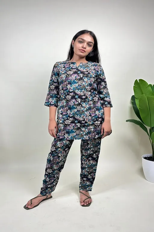 Women's Plus Size Rayon Night Suit Set Printed Shirt and Pyjama