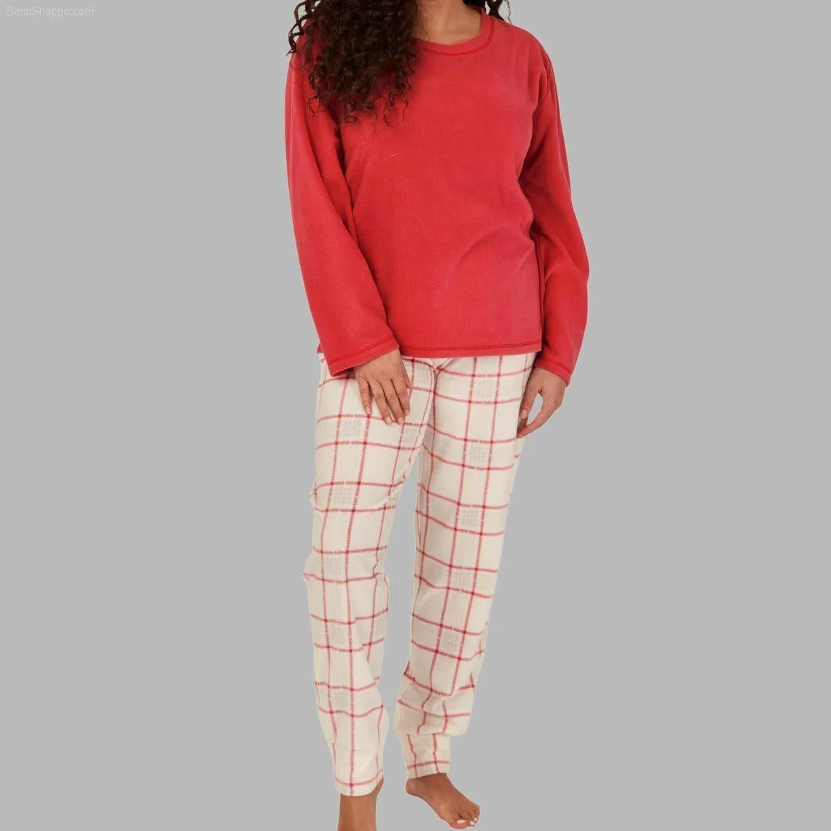 Women's Soft Thermal Fleece Pyjama Set, Long Sleeve Nightwear Spice red Ocean blue