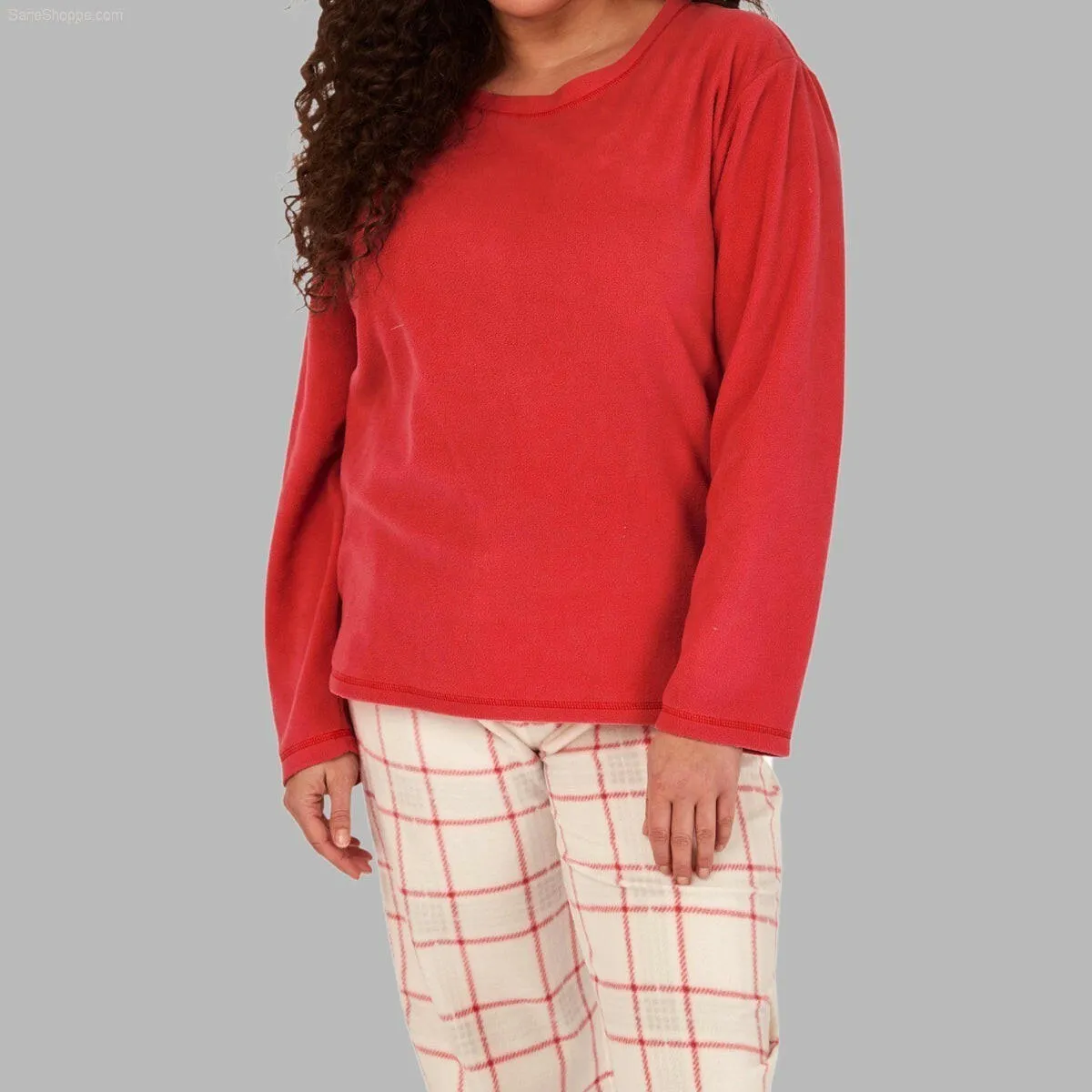 Women's Soft Thermal Fleece Pyjama Set, Long Sleeve Nightwear Spice red Ocean blue